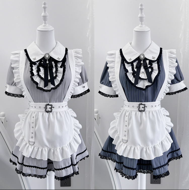 Peter Pan Collar Top with Shorts Dark Blue Stripes Maid Jirai Kei Set