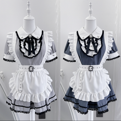 Peter Pan Collar Top with Shorts Dark Blue Stripes Maid Jirai Kei Set
