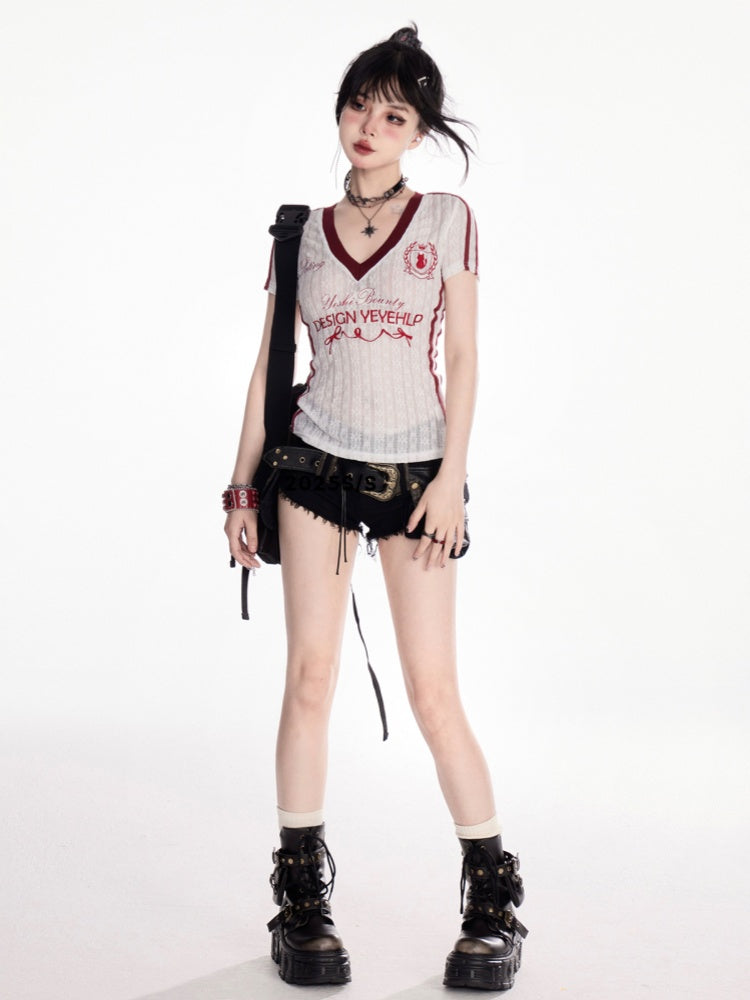 Black Low Rise Raw Hem Faded Wash Denim Shorts with Buckle Belt