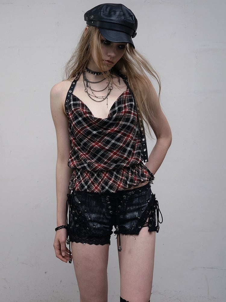 Black&Red Wasteland Punk Glamorous Cowl Neckline Ruffles Trim Plaid Pattern Halter Neck Top