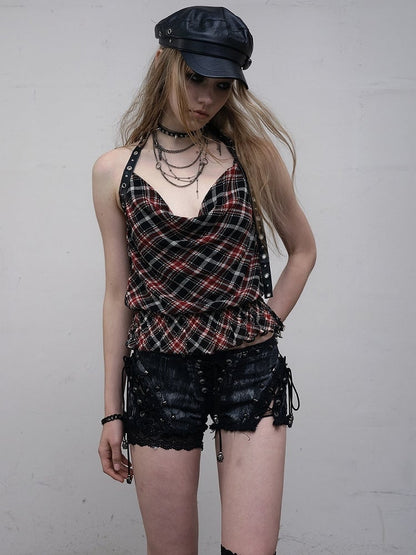 Black&Red Wasteland Punk Glamorous Cowl Neckline Ruffles Trim Plaid Pattern Halter Neck Top