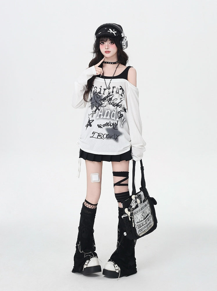 Y2K Star Print Open Shoulder Black/White Top Faux Two-pieces