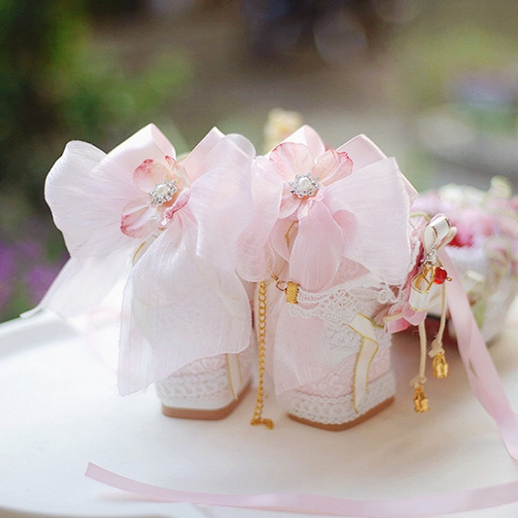 White&Pink Sweet Lolita Beaded And Strawberry Decorated Lace Trim 5CM/8.5CM Block Heels Shoes