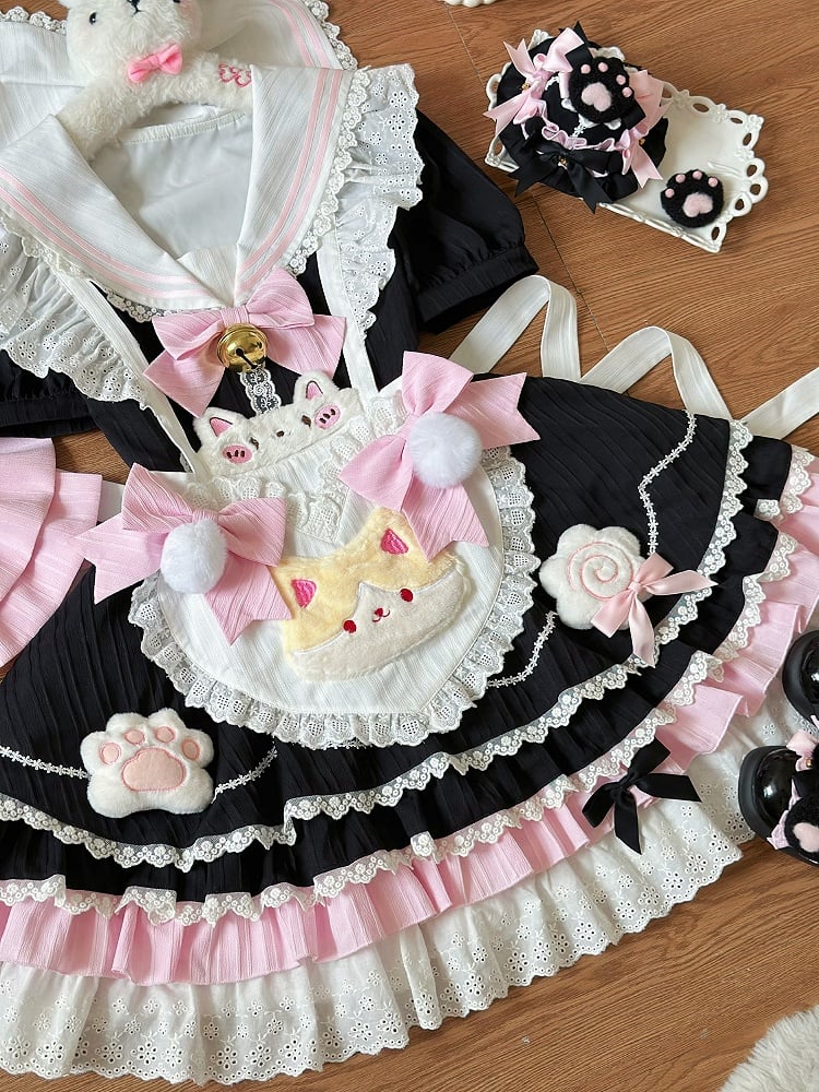 Black and Pink Sailor Collar Sweet Kitty Maid Lolita Dress with Heart Apron