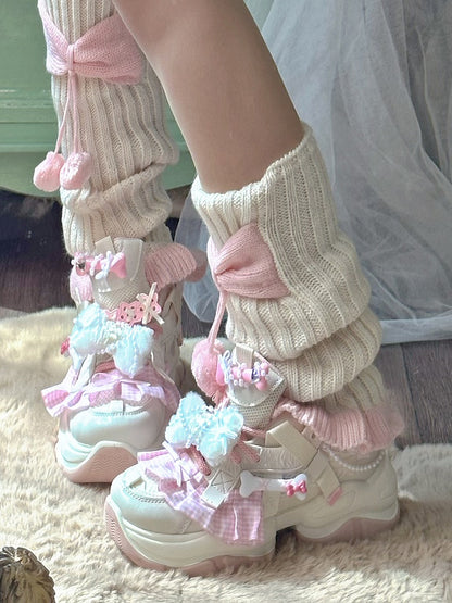 Beige & Pink Plaid Ruffle Trim Plush Bowknot Platform Sneakers