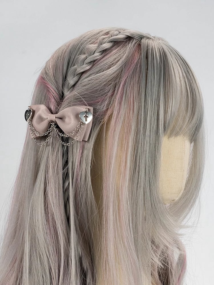 Black/Dusty Pink/White Gothic Cross Hearts Jirai Kei Bowknot Hairclips with Chains