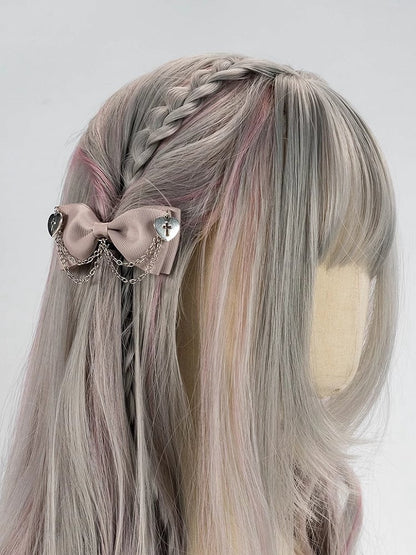 Black/Dusty Pink/White Gothic Cross Hearts Jirai Kei Bowknot Hairclips with Chains