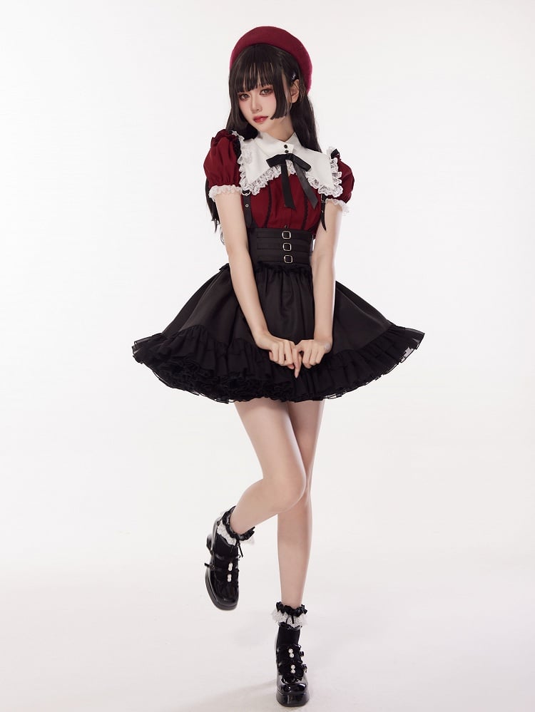 Three Metal Buckles Decorated High Waist Black Jirai Kei Skirt with Removable Straps