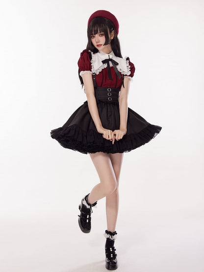 Three Metal Buckles Decorated High Waist Black Jirai Kei Skirt with Removable Straps