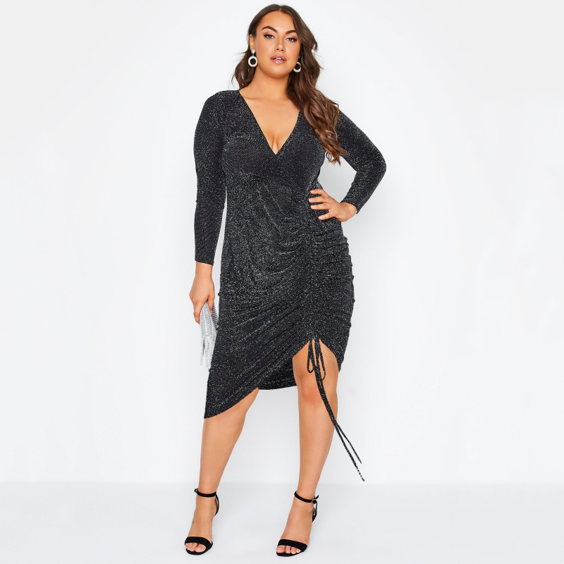 Sexy waist cinching slim hip base dress autumn plus size solid color V-neck