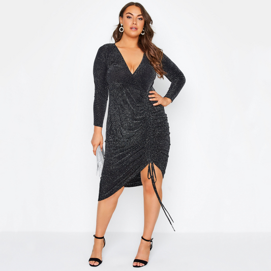 Sexy waist cinching slim hip base dress autumn plus size solid color V-neck