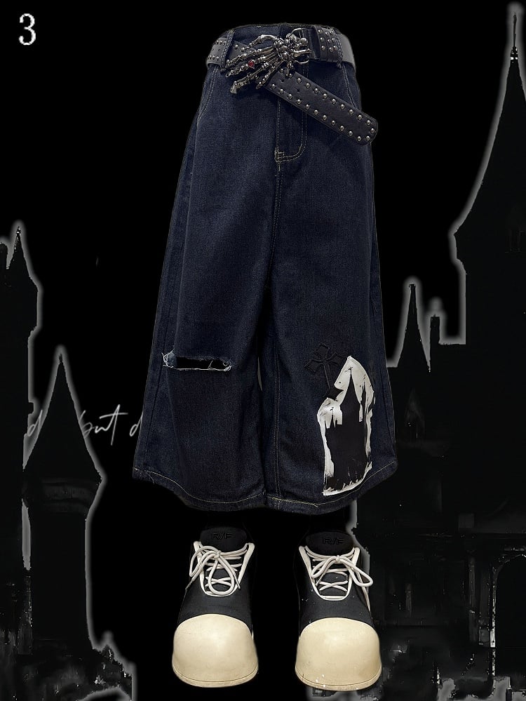 Dark Blue Y2K Cross Applique Distressed Holes Design Wide-Leg Cargo Shorts