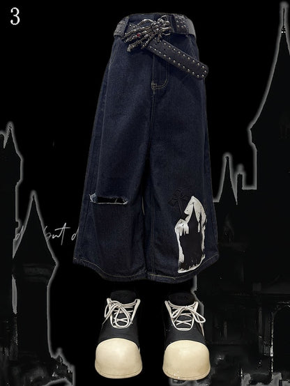 Dark Blue Y2K Cross Applique Distressed Holes Design Wide-Leg Cargo Shorts