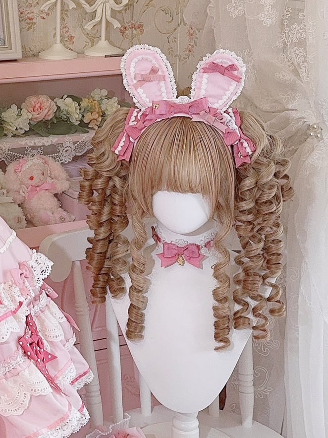 Pink Bowknot Details Lace Trim Bunny Ear KC