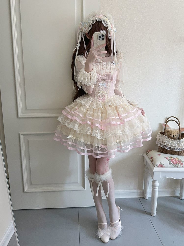 Pink Corset Waist Layered Tulle Skirt Princess Lolita JSK with Big Bow at Back