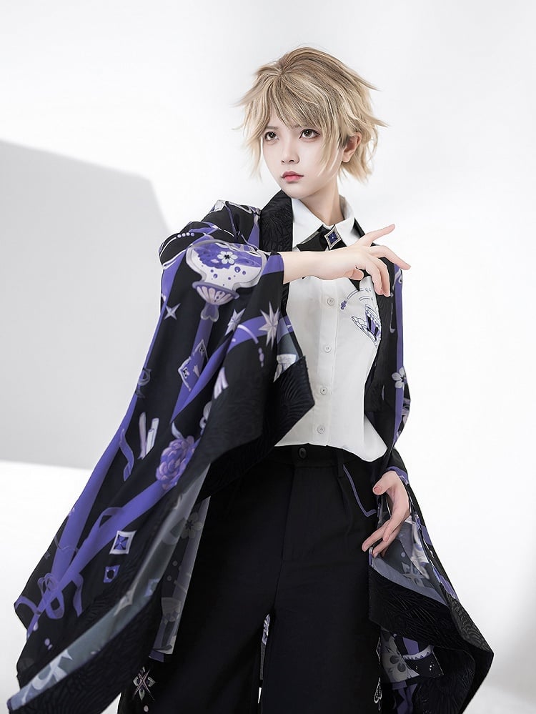 Black and Purple Striped Pattern Haori Poker and Tea Cup Print