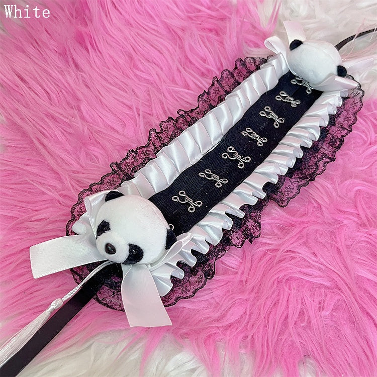 Black/White Jirai Kei Plush Panda Decorated Bowknot Details Ruffled Lace Trim Hairband with Tassels