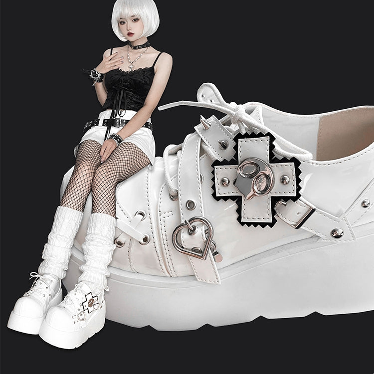 Punk Skull Polished White Gothic Platforms Silver-tone Spike Studs