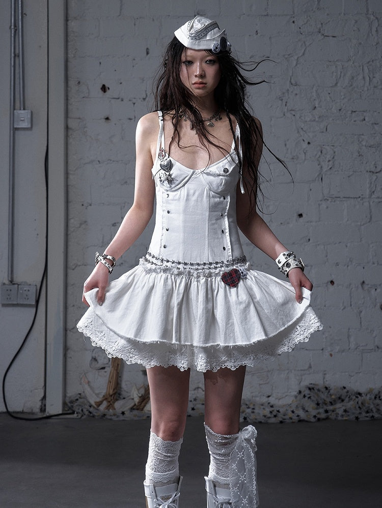 Black/White Dropped Waist Stud Details Raw Hem Punk Cami Dress