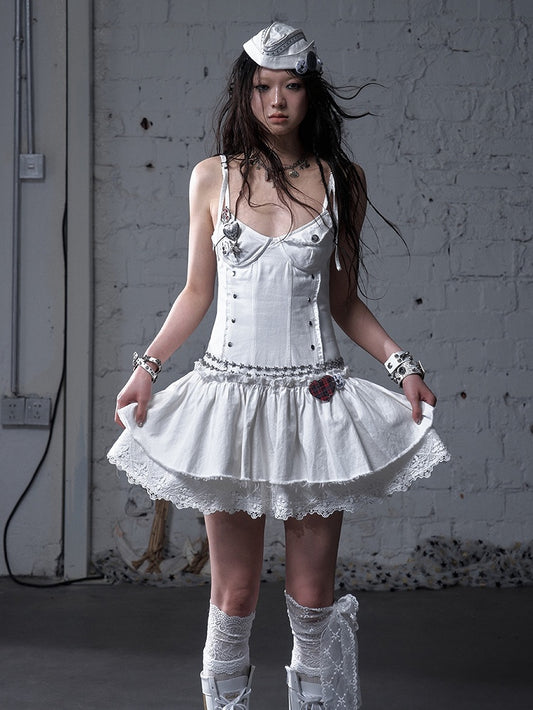 Black/White Dropped Waist Stud Details Raw Hem Punk Cami Dress