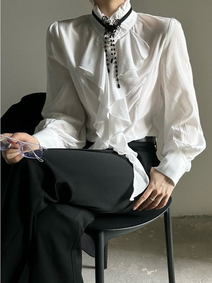 Ouji Lolita Vintage White Bishop Sleeve Shirt with Cascading Ruffle Placket & Detachable Lace Necklace