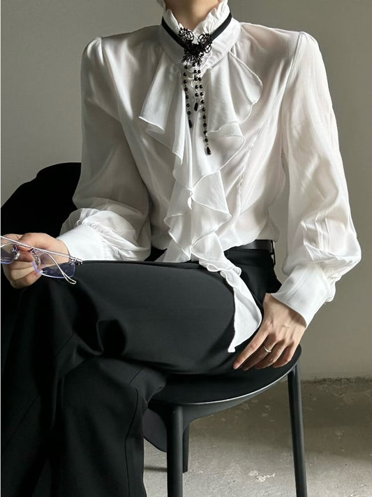 Ouji Lolita Vintage White Bishop Sleeve Shirt with Cascading Ruffle Placket & Detachable Lace Necklace