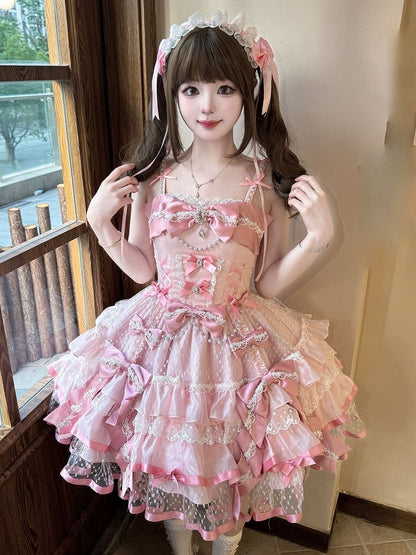 Pink Layered Lace Sweet Lolita Dress with Bead and Bow Embellishments
