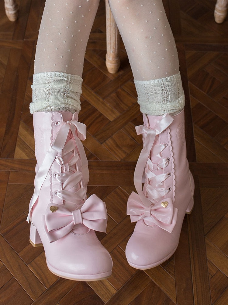 Removable Bow, Plush Top & Lace-up Closure PU Pink Mid-calf Boots in Sweet Lolita