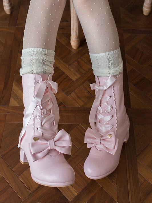Removable Bow, Plush Top & Lace-up Closure PU Pink Mid-calf Boots in Sweet Lolita