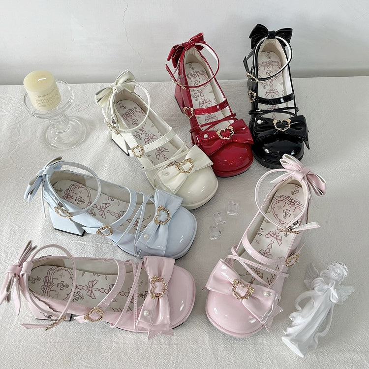 Pink Bow Accent Crisscross Design Lolita Platform High Block Heels