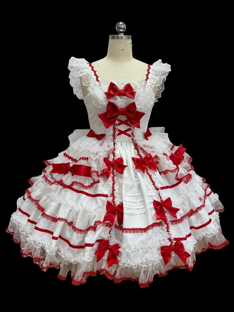 White and Red Sweet Bow Accents Princess Lolita Jumper Skirt