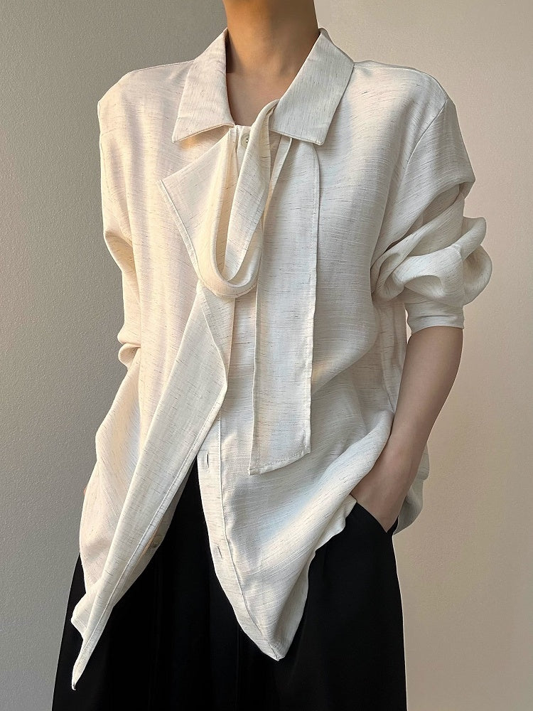 Ouji Lolita Light Apricot Retro Loose Fit Shirt with Long Draping Ribbon