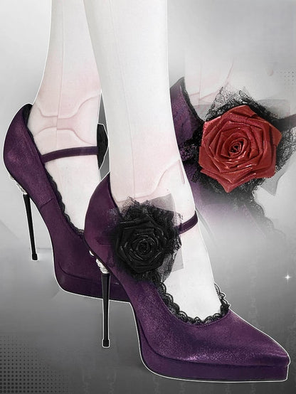 Purple Gothic Floral Decorated Pointed Toe Satin High Heels