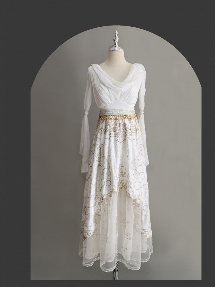 Gold Celestial Map Embroidery White Greek Style Cowl Neckline Jumper Skirt