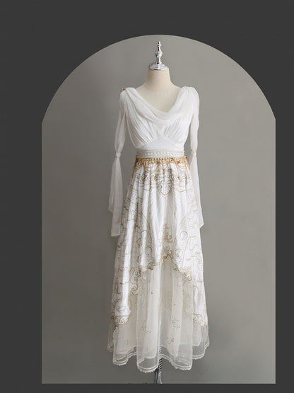 Gold Celestial Map Embroidery White Greek Style Cowl Neckline Jumper Skirt