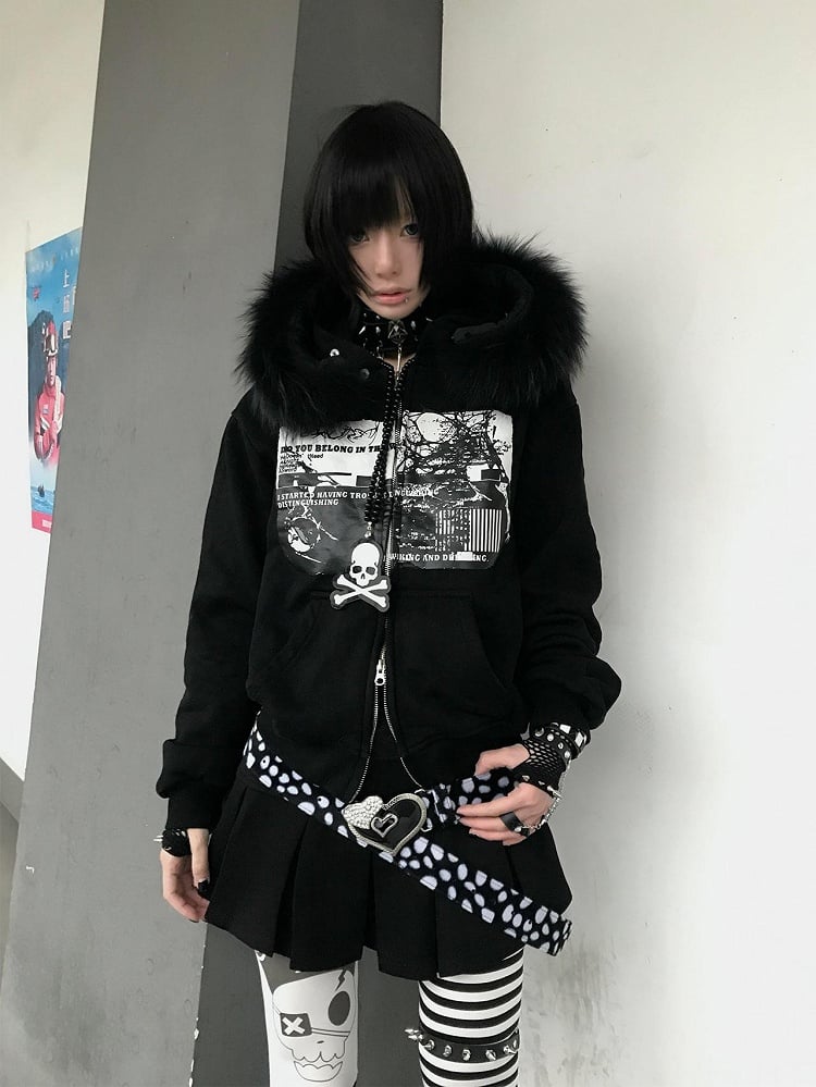 Black Y2K Zip-up Hoodie with Faux Fur Trim and Graphic Print