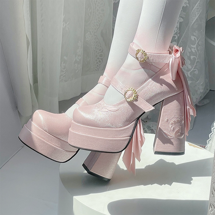 Pink Detachable Bowknot Lily of the Valley Embroidery High Block Heel Platform Mary Janes