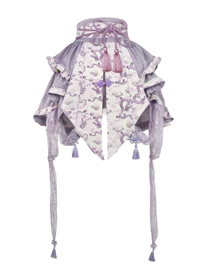 Purple Corset Belt Waist Irregular Layered Skirt Chinoiserie Knot Button and Tassels
