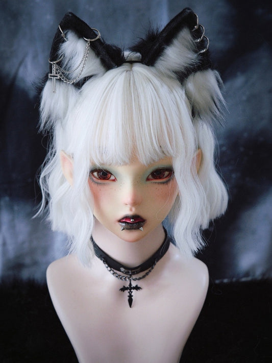 Cross Chains Decorated Black and White Gothic Kitty Ears KC