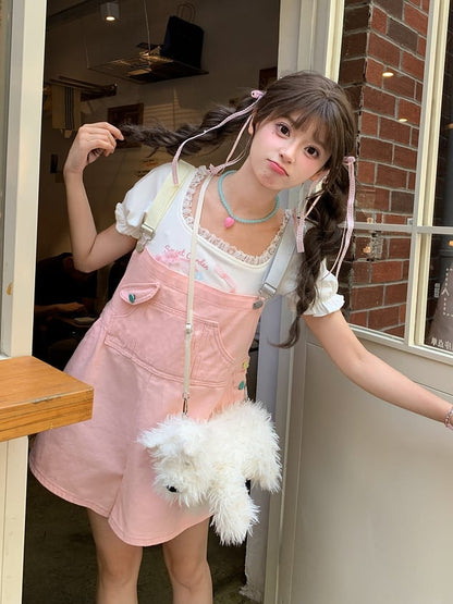 Candy Color Pink/Mint Green Denim Overall Shorts