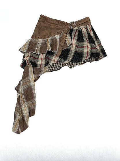 Coffee Brown Millard Fashion Plaid Pattern Asymmetrical Hem Skirt