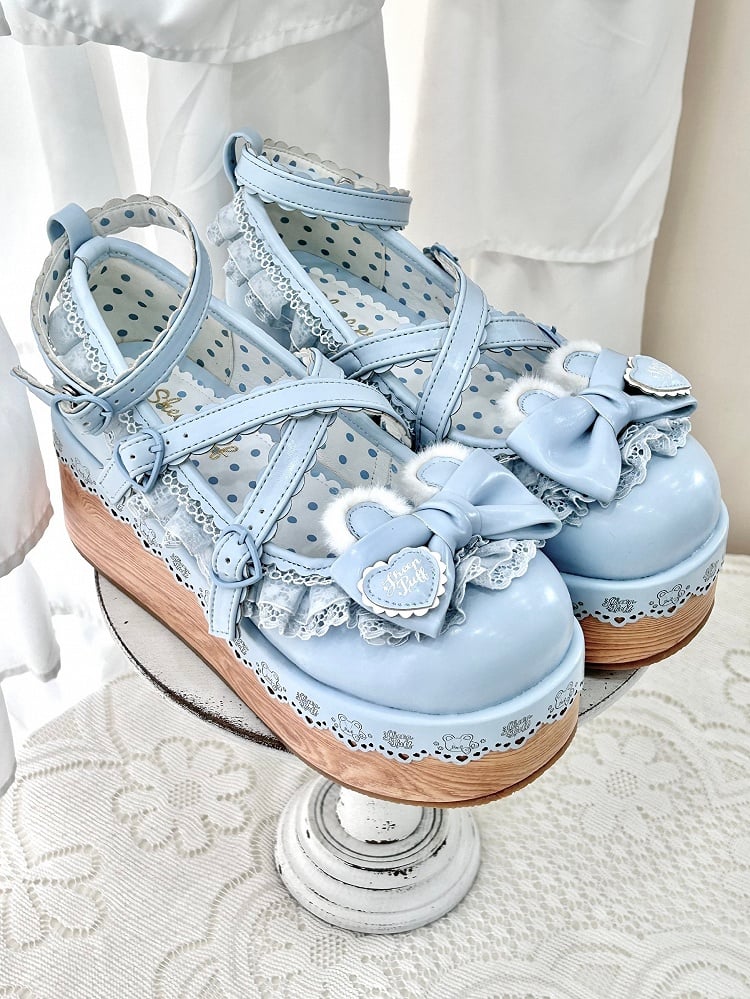 Blue Crisscross Design Bunny Ear Bow at Top Lace Trim Platforms