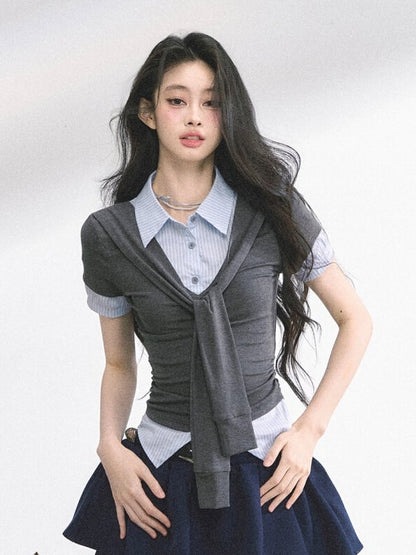 Preppy Style Polo Collar Gray & Blue / Apricot & Pink T-shirt Faux Two-pieces