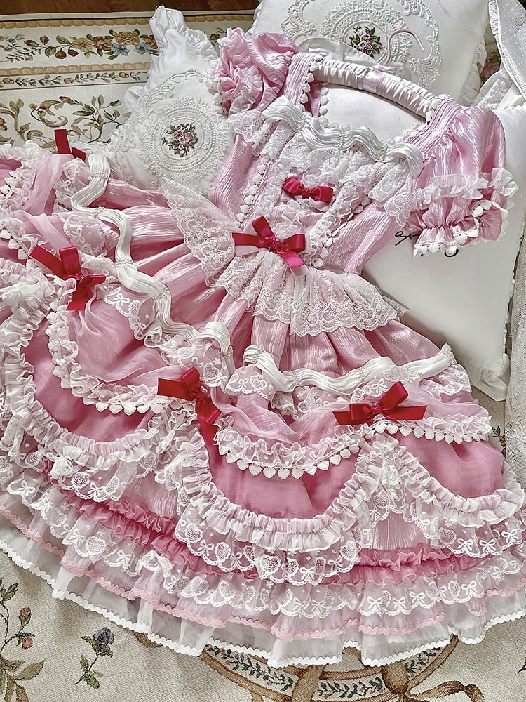 Clearance-Size XXL for Bust 100CM Pink Strawberry Cake Short Puff Sleeves Sweet Lolita Birthday Dress