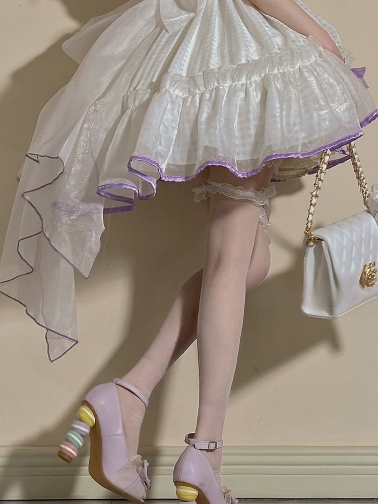 White/Black Semi-sheer Ruffled Lace Cuff Bow Over Knee Stockings