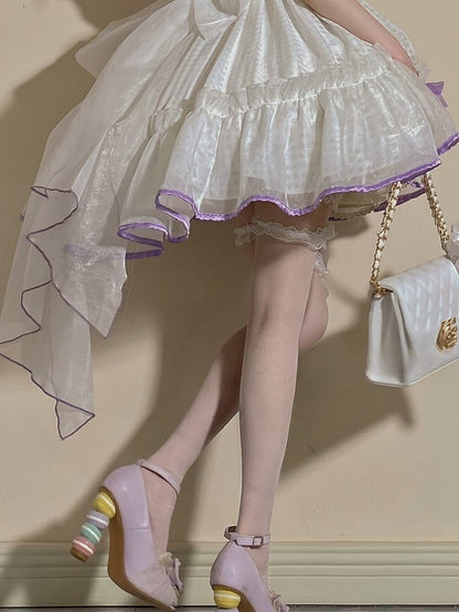 White/Black Semi-sheer Ruffled Lace Cuff Bow Over Knee Stockings