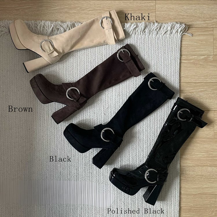 Buckle Details & Inner Zip Closure Square Toe Brown Knee-High Boots with Platform High Block Heel