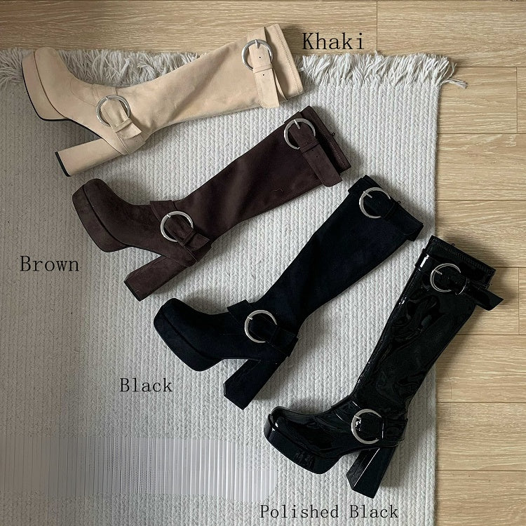 Khaki Lolita Platform Knee-High Boots - Square Toe High Block Heel with Buckle Accents & Inner Zip