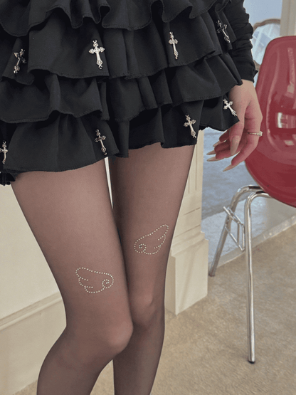White/Black Shimmering Wings Pattern Semi-Sheer Tights
