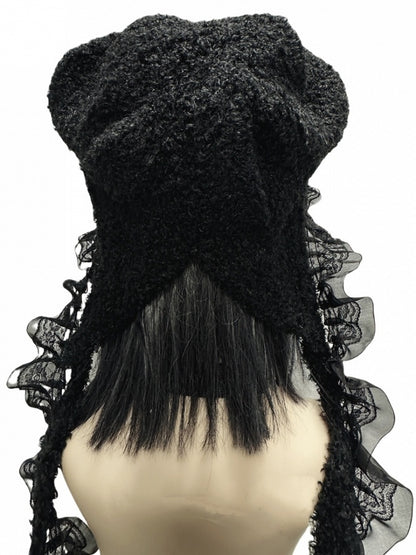 Y2K Black Cross Applique Lace Trim Punk Knit Hat